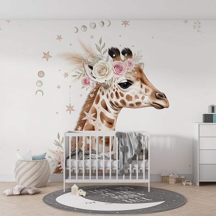 Babyzimmer Tapete | Elegante Giraffe verziert mit Blumen und Sternen
