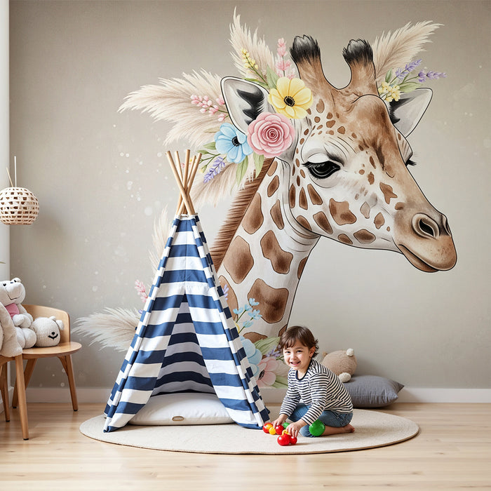 Babykamer behang | Elegante giraf versierd met pastel bloemen