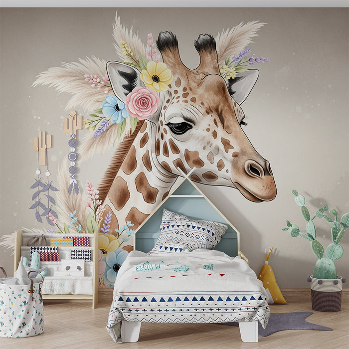 Babykamer behang | Elegante giraf versierd met pastel bloemen