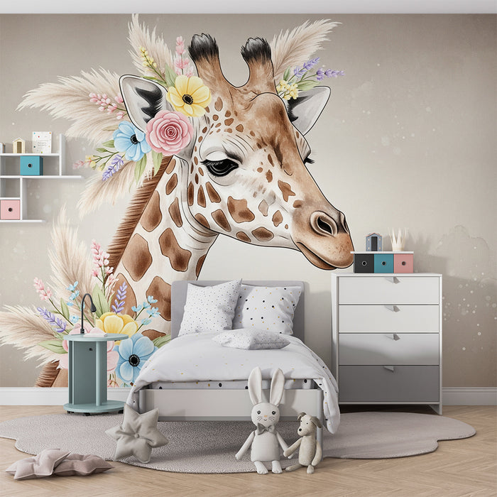 Babykamer behang | Elegante giraf versierd met pastel bloemen
