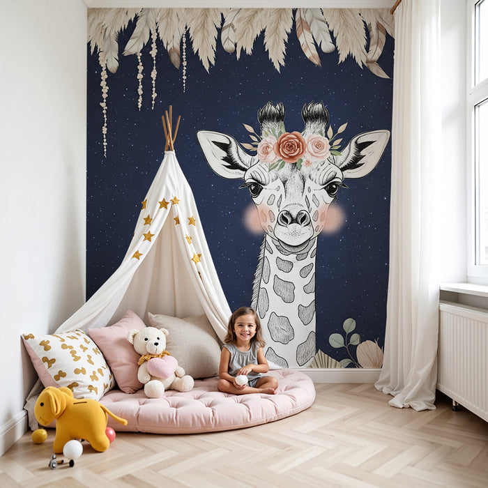 Papier de parede dječje sobe | Elegantna žirafa ispod zvjezdane noćne neba