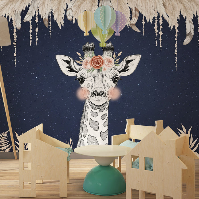 Papier de parede dječje sobe | Elegantna žirafa ispod zvjezdane noćne neba