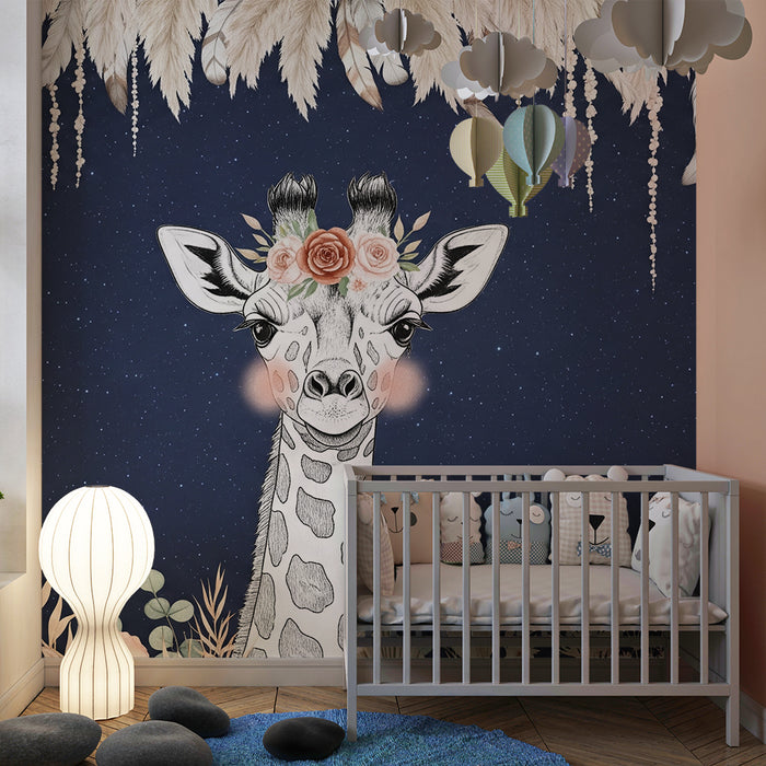 Papier de parede dječje sobe | Elegantna žirafa ispod zvjezdane noćne neba