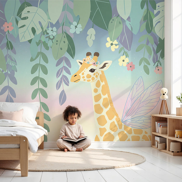 Børneværelse tapet | Fortryllet giraf under farverigt løvwerk