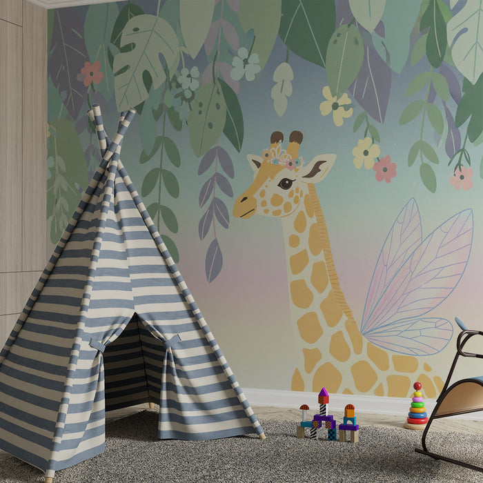 Børneværelse tapet | Fortryllet giraf under farverigt løvwerk