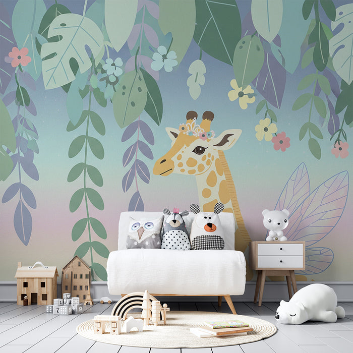 Børneværelse tapet | Fortryllet giraf under farverigt løvwerk