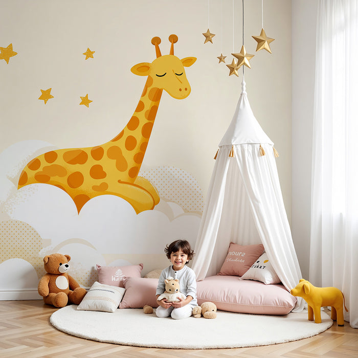 Nursery room wallpaper | Sleeping giraffe in the heart of clouds and golden stars