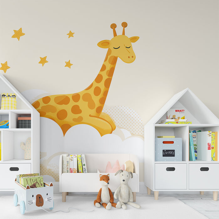 Nursery room wallpaper | Sleeping giraffe in the heart of clouds and golden stars
