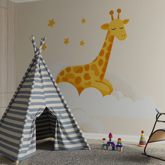 Nursery room wallpaper | Sleeping giraffe in the heart of clouds and golden stars