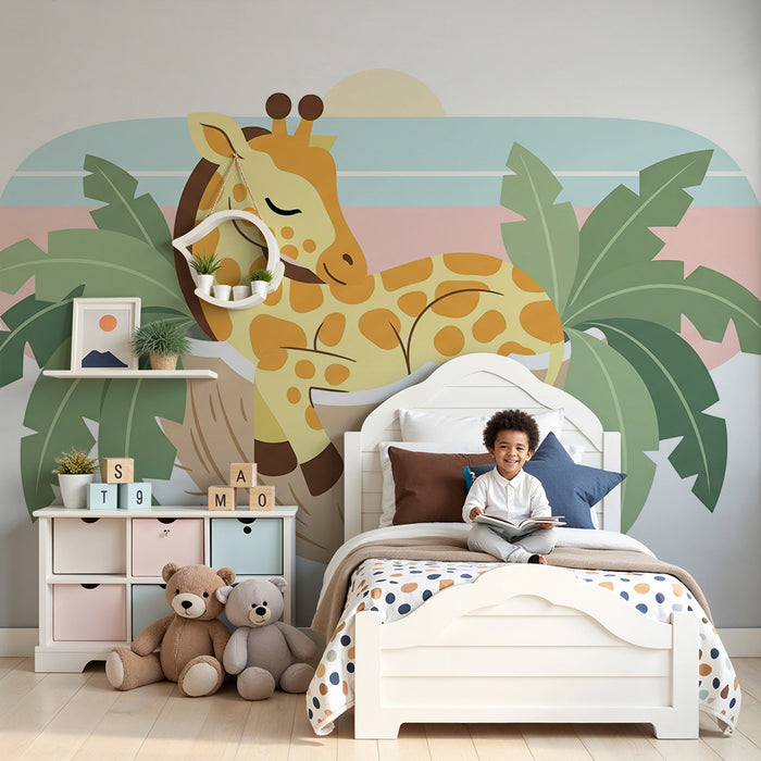 Tapet za dječju sobu | Usnula žirafa u svojem tropskom gnijezdu