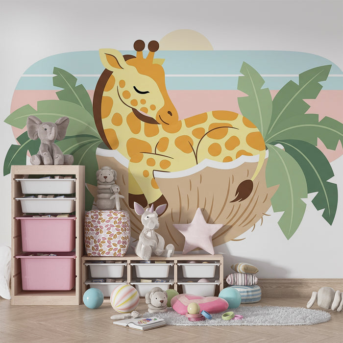 Tapet za dječju sobu | Usnula žirafa u svojem tropskom gnijezdu