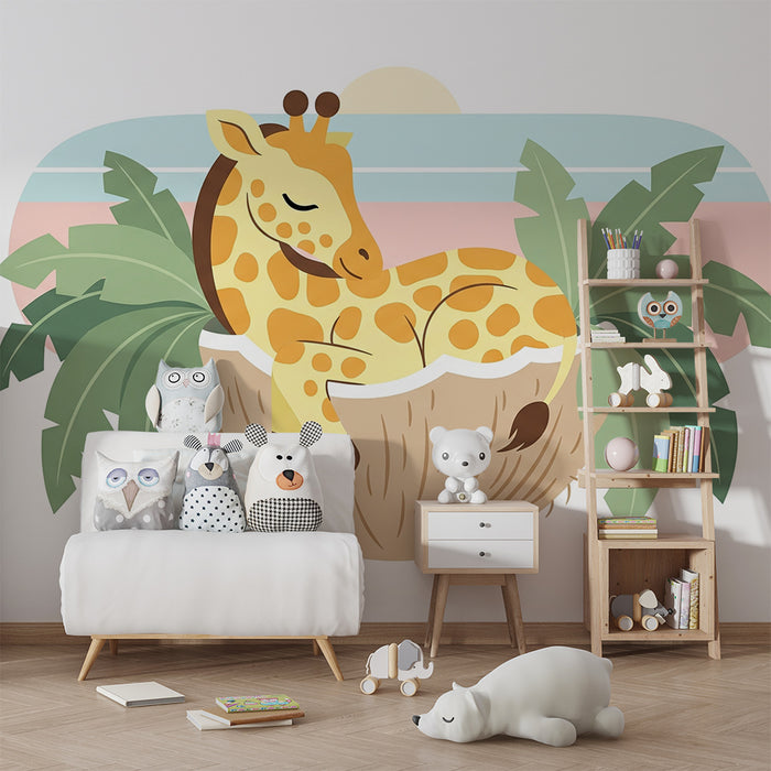 Tapet za dječju sobu | Usnula žirafa u svojem tropskom gnijezdu