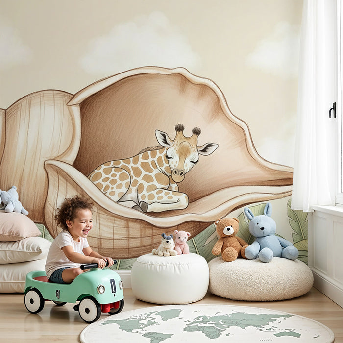 Papier peint chambre bébé | Girafe endormie dans une coquille