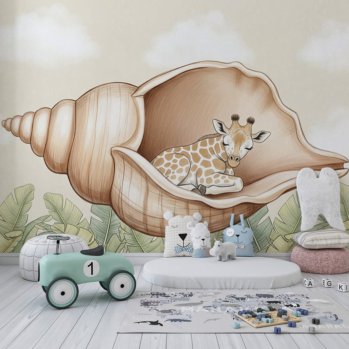 Papier peint chambre bébé | Girafe endormie dans une coquille