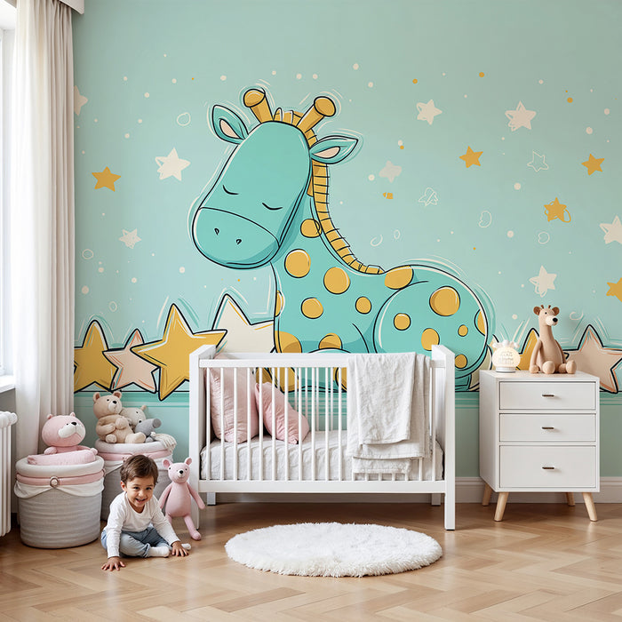 Papier de parede pre detskú izbu | Spící žirafa obklopená zlatými hviezdami