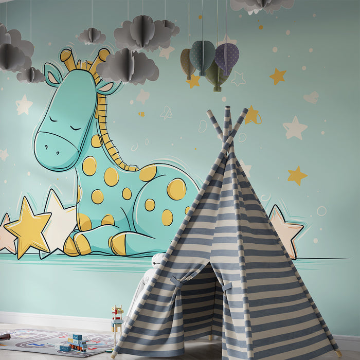 Papier de parede pre detskú izbu | Spící žirafa obklopená zlatými hviezdami