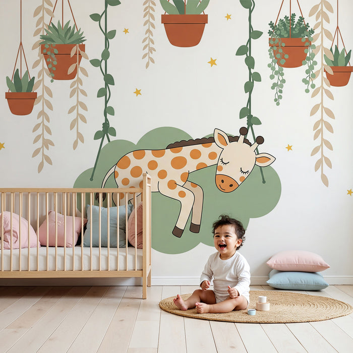 Papier peint chambre bébé | Girafe endormie et plantes suspendues