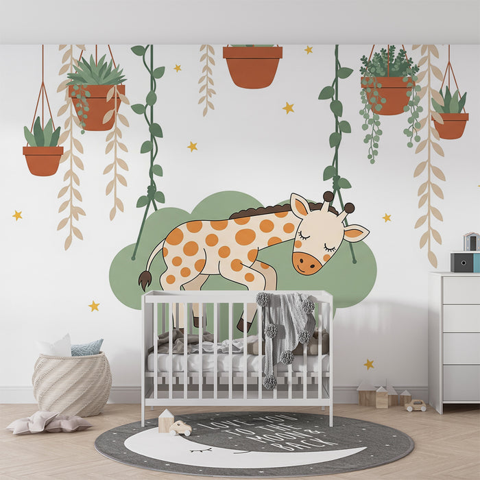 Papier peint chambre bébé | Girafe endormie et plantes suspendues