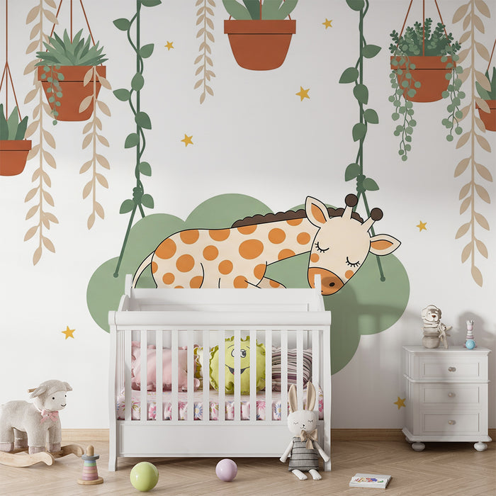 Papier peint chambre bébé | Girafe endormie et plantes suspendues