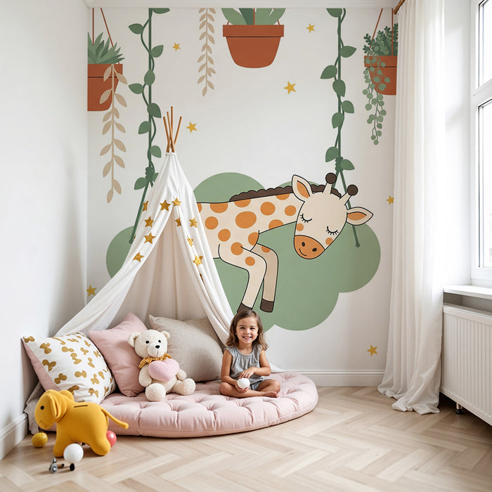 Babyzimmer Tapete | Schlafende Giraffe und hängende Pflanzen