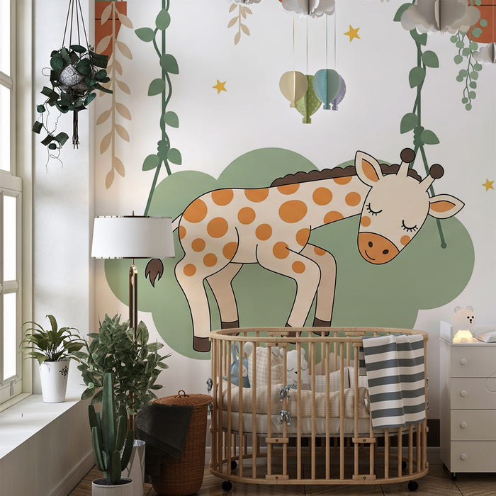 Babyzimmer Tapete | Schlafende Giraffe und hängende Pflanzen