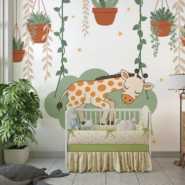 Babyzimmer Tapete | Schlafende Giraffe und hängende Pflanzen
