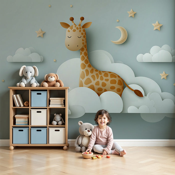 Papier de parede soba bebe | Usnula žirafa među oblakom i zlatnim zvijezdama