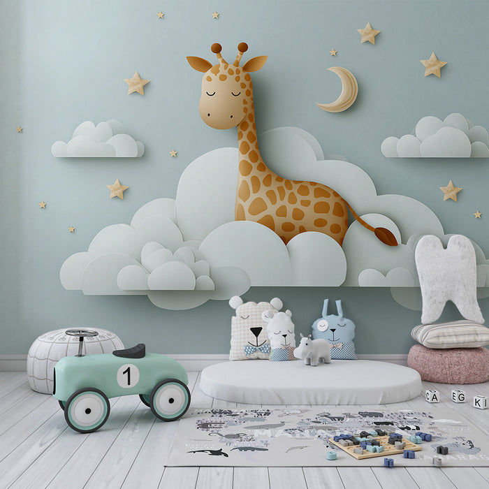 Papier de parede soba bebe | Usnula žirafa među oblakom i zlatnim zvijezdama