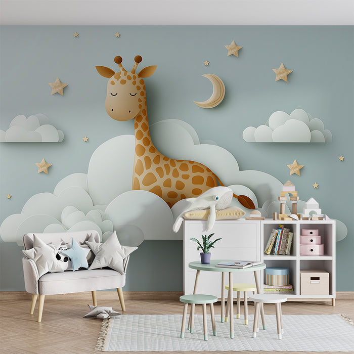 Papier de parede soba bebe | Usnula žirafa među oblakom i zlatnim zvijezdama