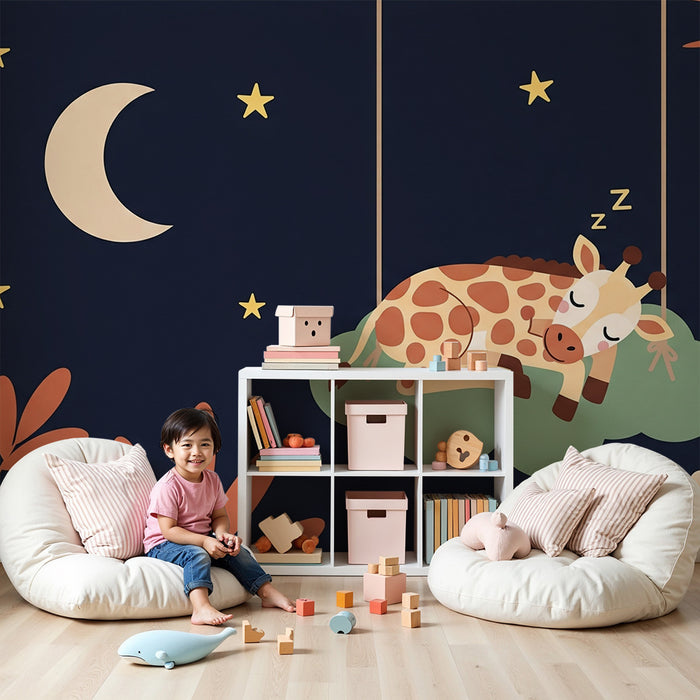 Papier peint chambre bébé | Girafe endormie sous les étoiles