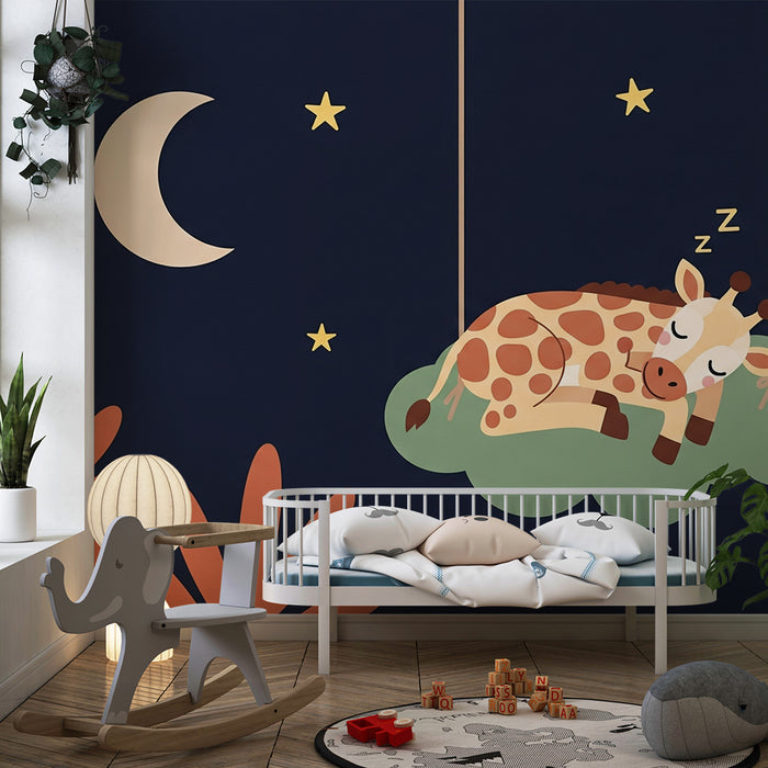Papier peint chambre bébé | Girafe endormie sous les étoiles
