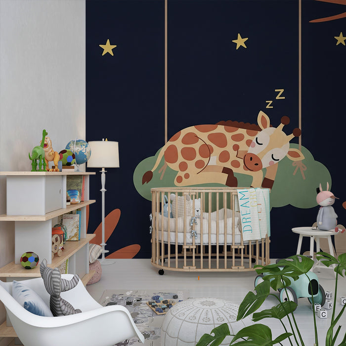 Papier peint chambre bébé | Girafe endormie sous les étoiles