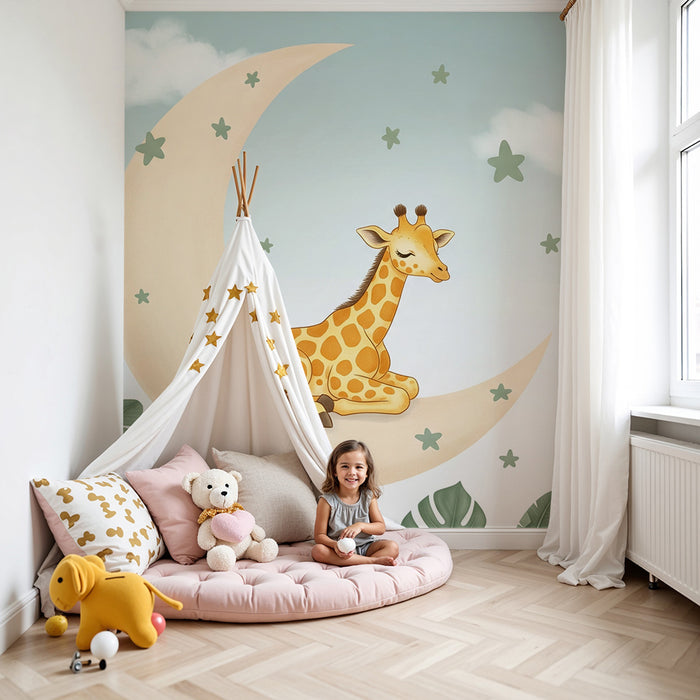 Papier peint chambre bébé | Girafe endormie sur la lune