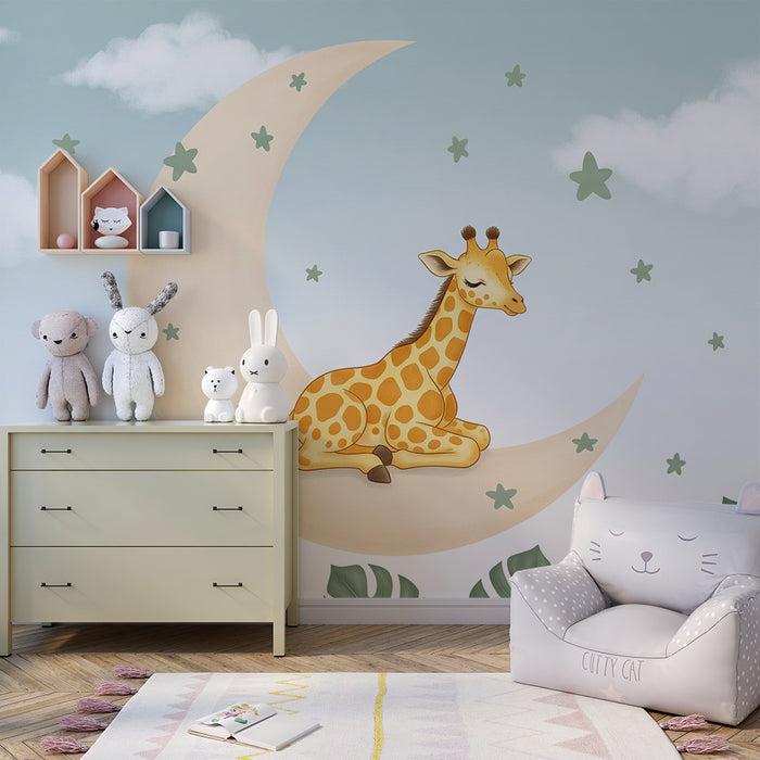 Papier peint chambre bébé | Girafe endormie sur la lune