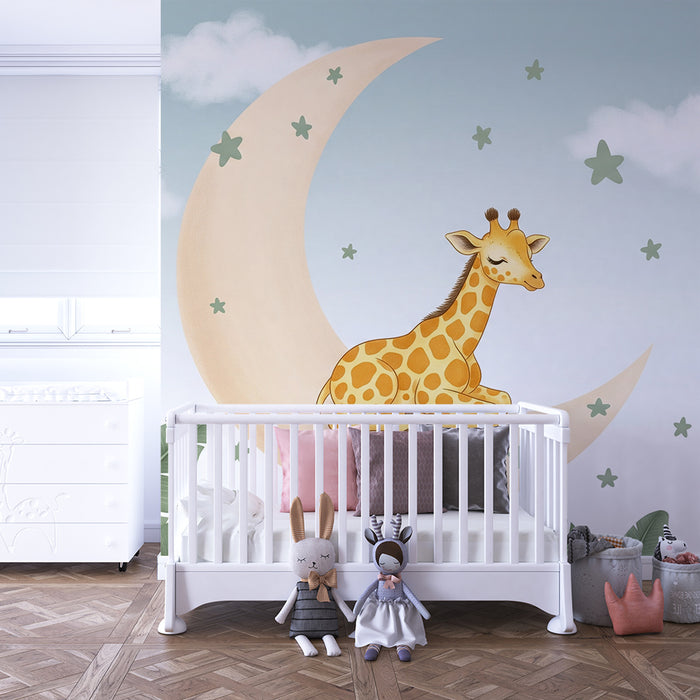 Papier peint chambre bébé | Girafe endormie sur la lune