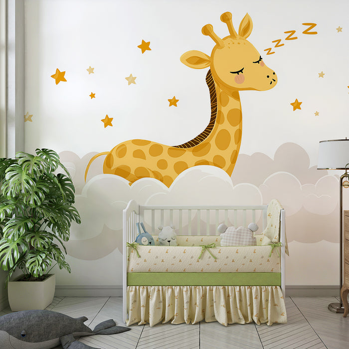 Nursery room wallpaper | Sleeping giraffe on its starry cloud