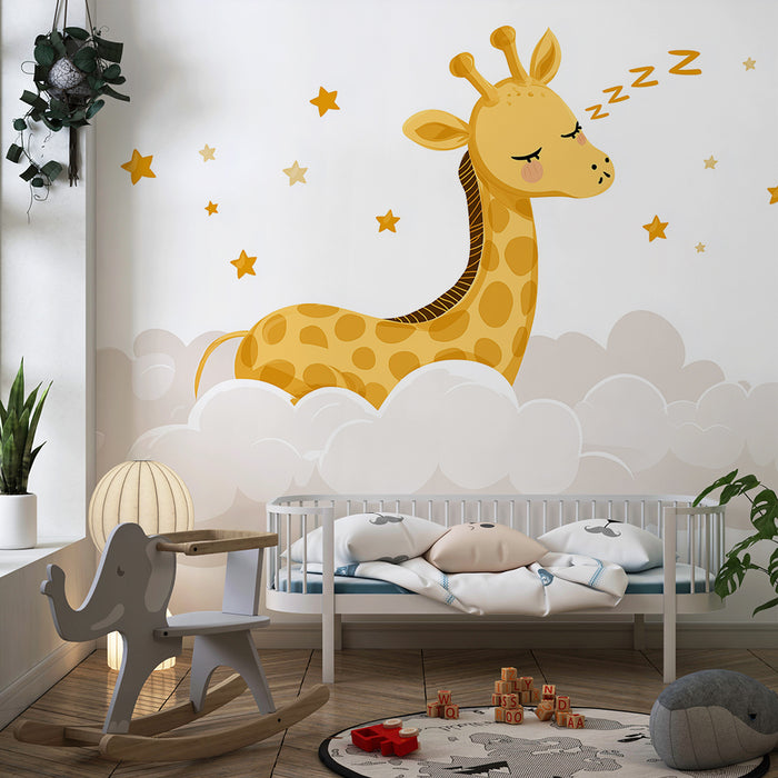 Nursery room wallpaper | Sleeping giraffe on its starry cloud