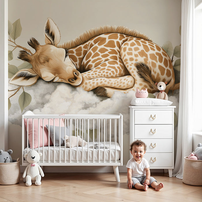 Papel de parede quarto bebê | Usnuli žirafa na svojem malom oblaku