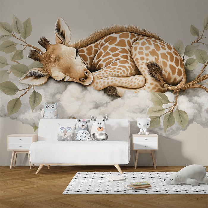 Papel de parede quarto bebê | Usnuli žirafa na svojem malom oblaku
