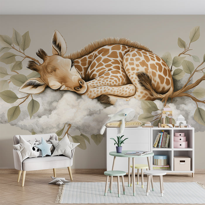 Papel de parede quarto bebê | Usnuli žirafa na svojem malom oblaku