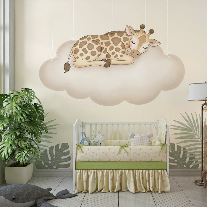 Papier peint chambre bébé | Girafe endormie sur un nuage
