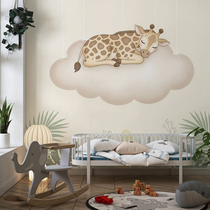 Papier peint chambre bébé | Girafe endormie sur un nuage