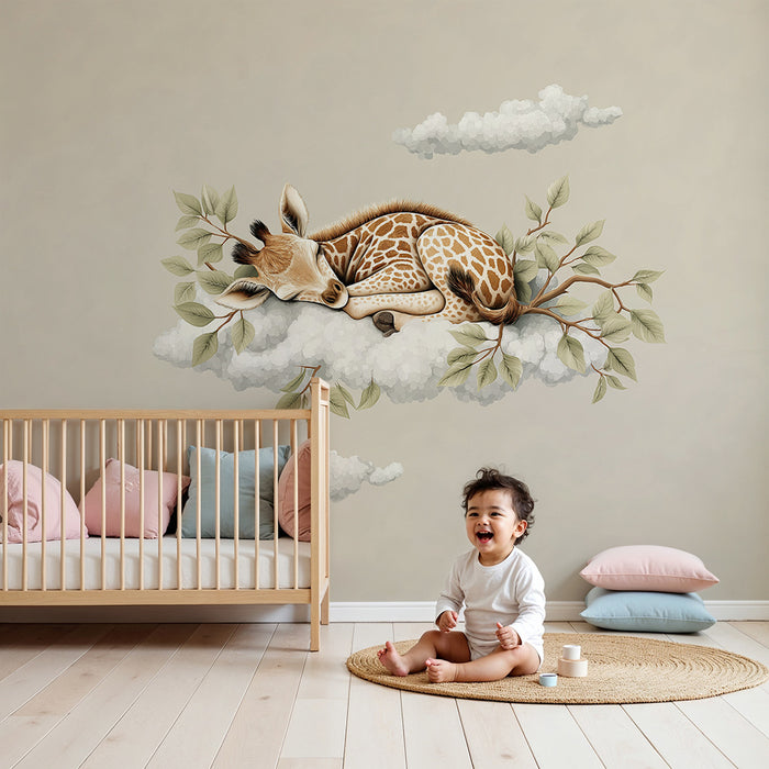 Papel pintado infantil | Jirafa dormida en una nube con follaje