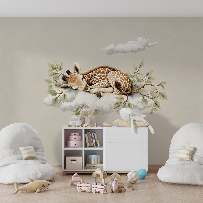 Papel pintado infantil | Jirafa dormida en una nube con follaje