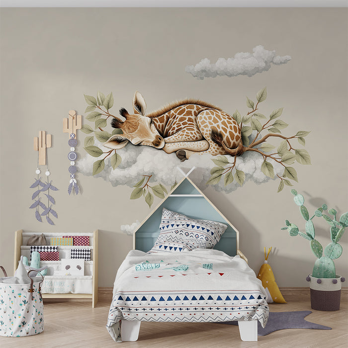 Papel pintado infantil | Jirafa dormida en una nube con follaje