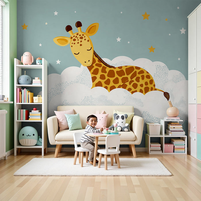 Nursery room wallpaper | Sleeping giraffe on a starry cloud