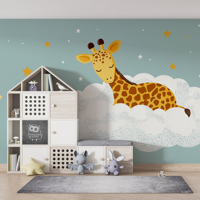 Nursery room wallpaper | Sleeping giraffe on a starry cloud