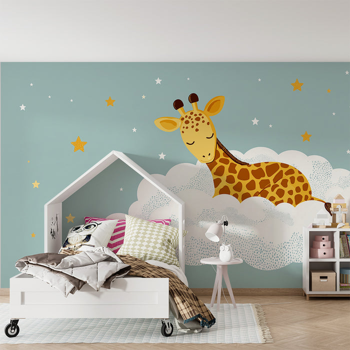 Nursery room wallpaper | Sleeping giraffe on a starry cloud