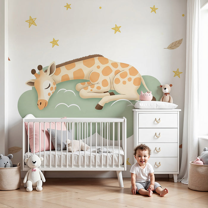 Papier peint chambre bébé | Girafe endormie sur un nuage étoilé