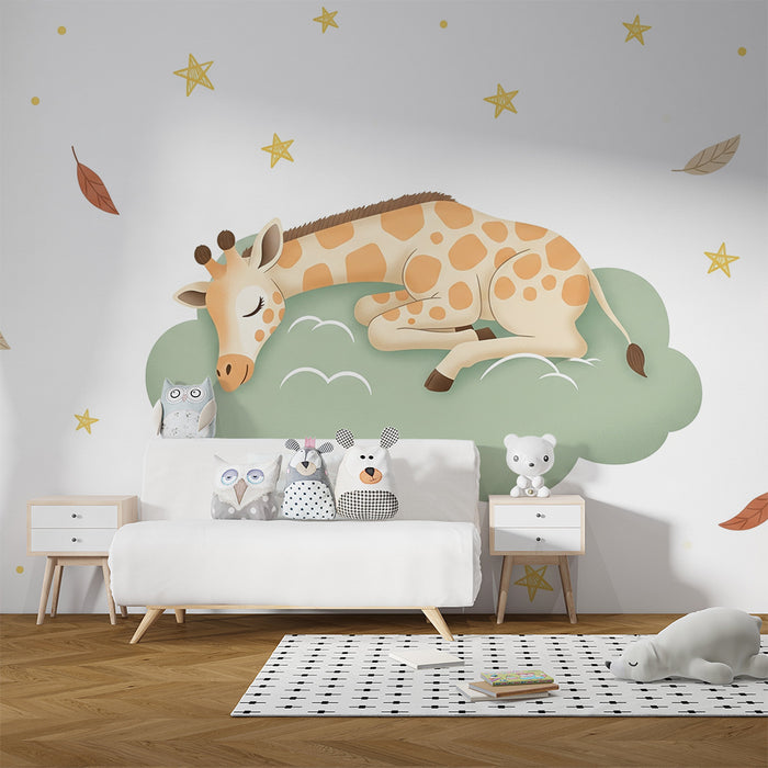 Papier peint chambre bébé | Girafe endormie sur un nuage étoilé